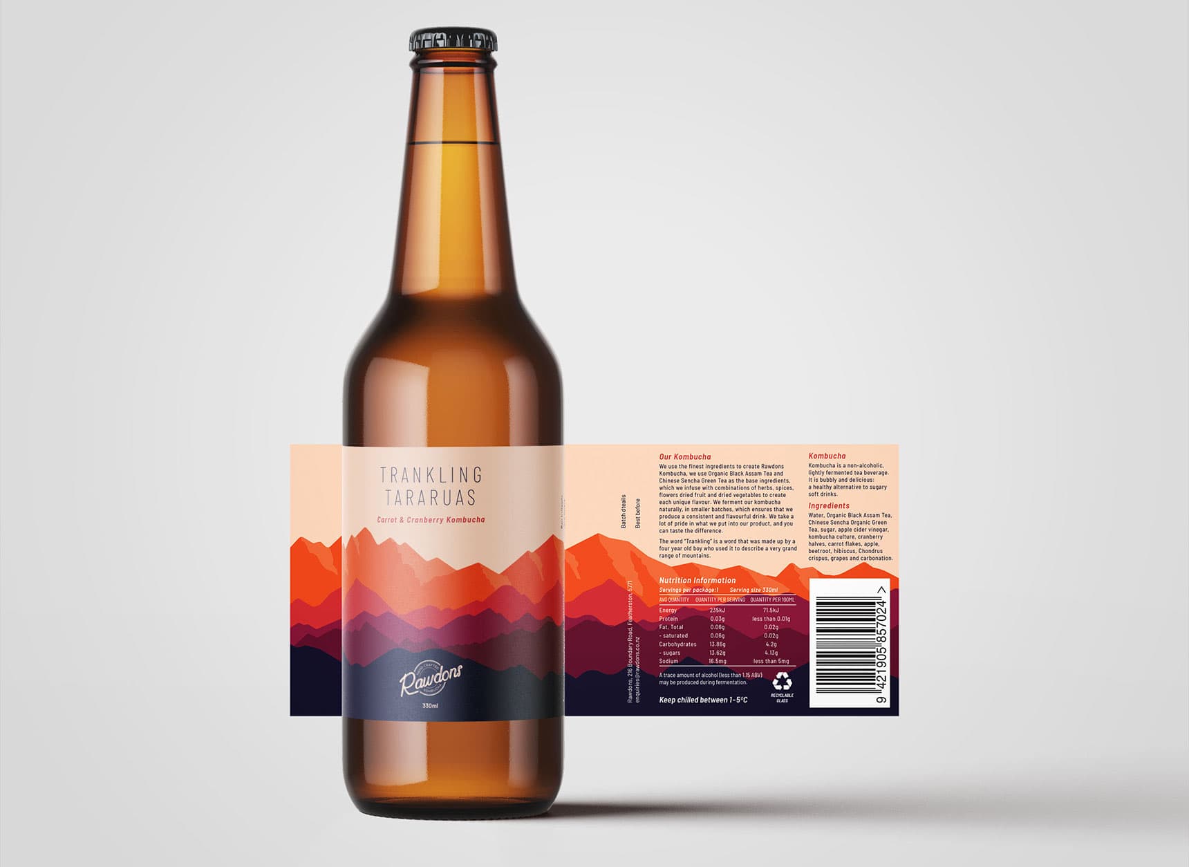 Rawdons Trankling Tararuas Kombucha Label Design